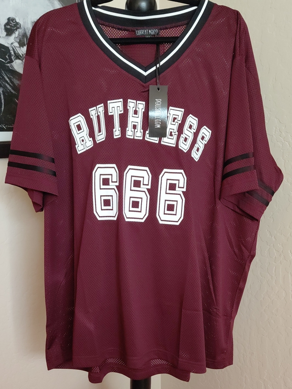 DOLLSKILL CURRENT MOOD Ruthless 666 Oversized Maroon Mesh Sports Jersey